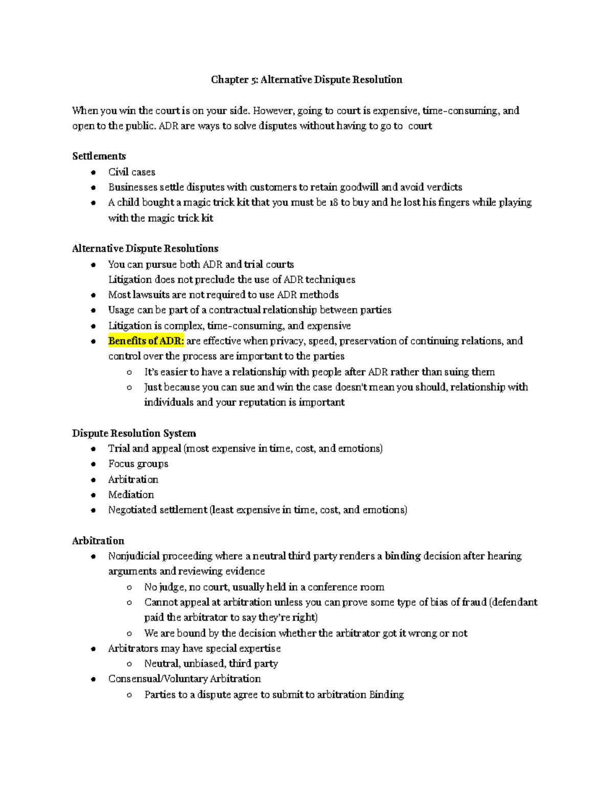 BLAW 341 Exam 2 - Exam 2 - Chapter 5: Alternative Dispute Resolution ...