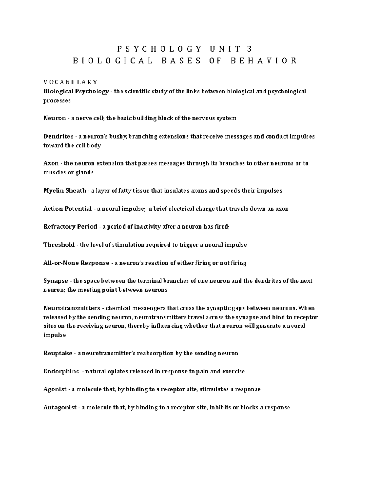 Psychology Unit 3: Biological Bases Of Behavior - P S Y C H O L O G Y U ...