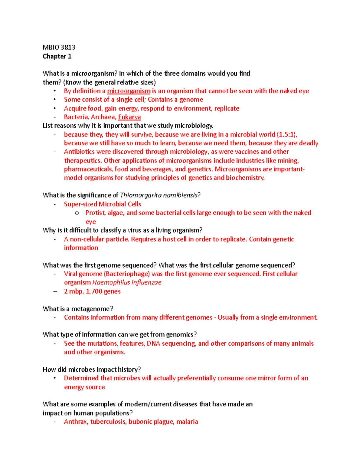 MBIO 3813 Exam 1 - Exam study guide with answers to study guide - MBIO ...