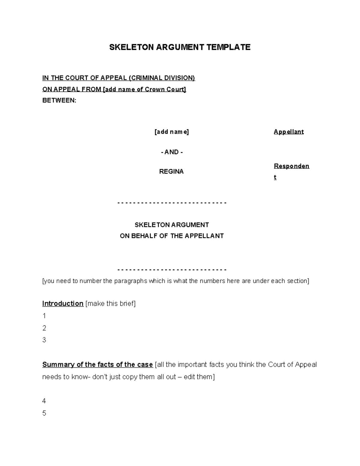 Skeleton Argument Template - SKELETON ARGUMENT TEMPLATE IN THE COURT OF ...