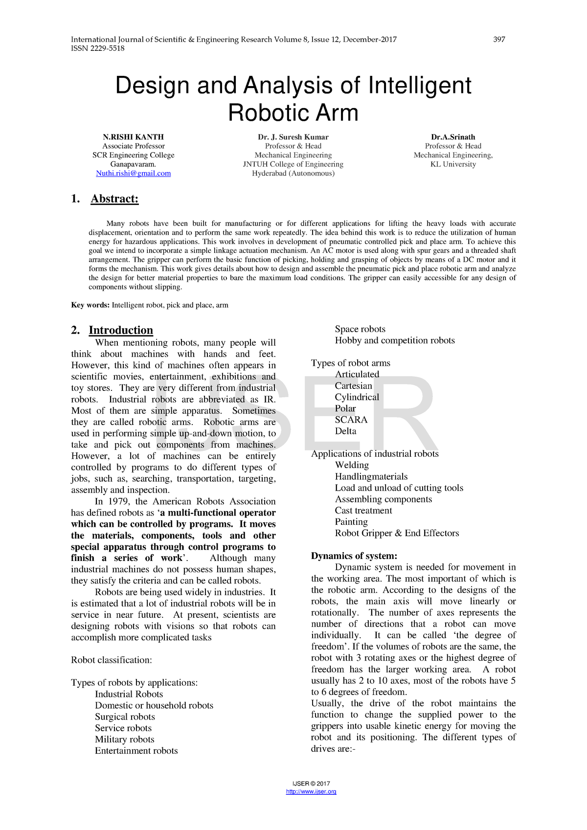 Design AND Analysis OF Intelligent Robotic ARM - ISSN 2229- IJSER ...