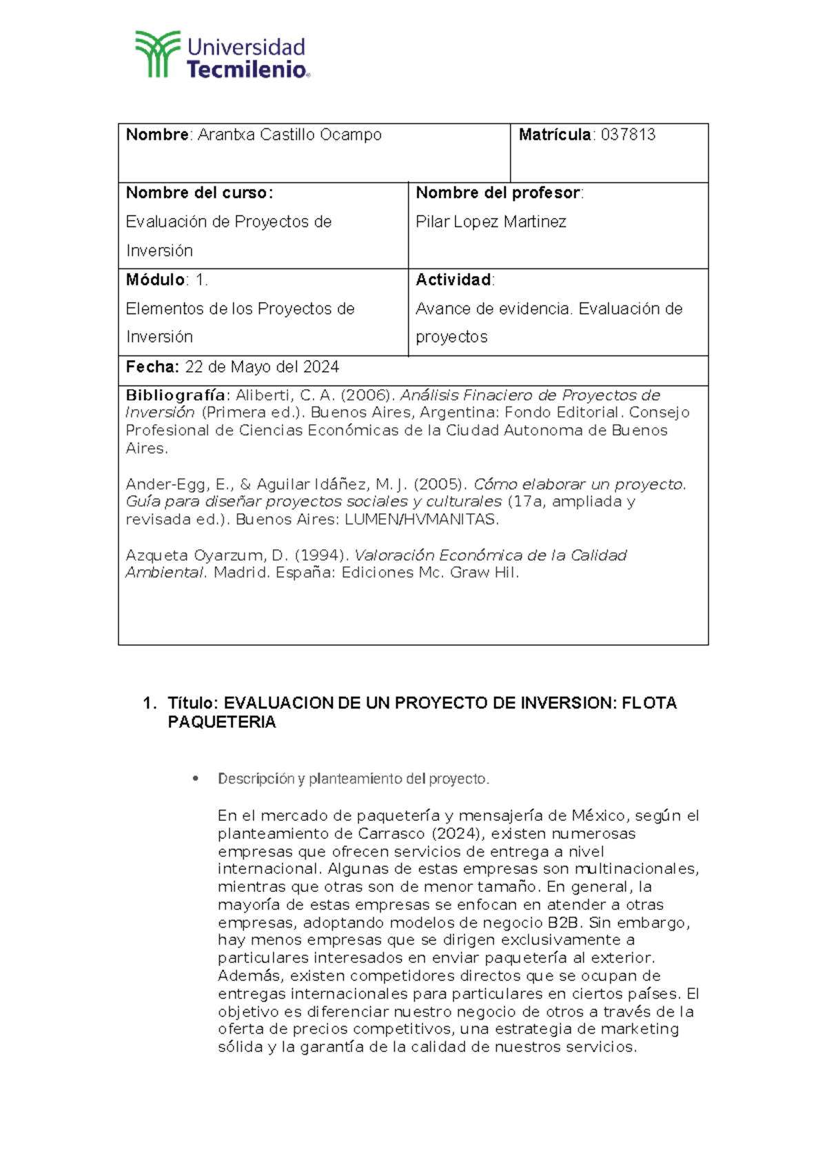 Avance de evidencia 1 ev de proyectos - Nombre: Arantxa Castillo Ocampo ...