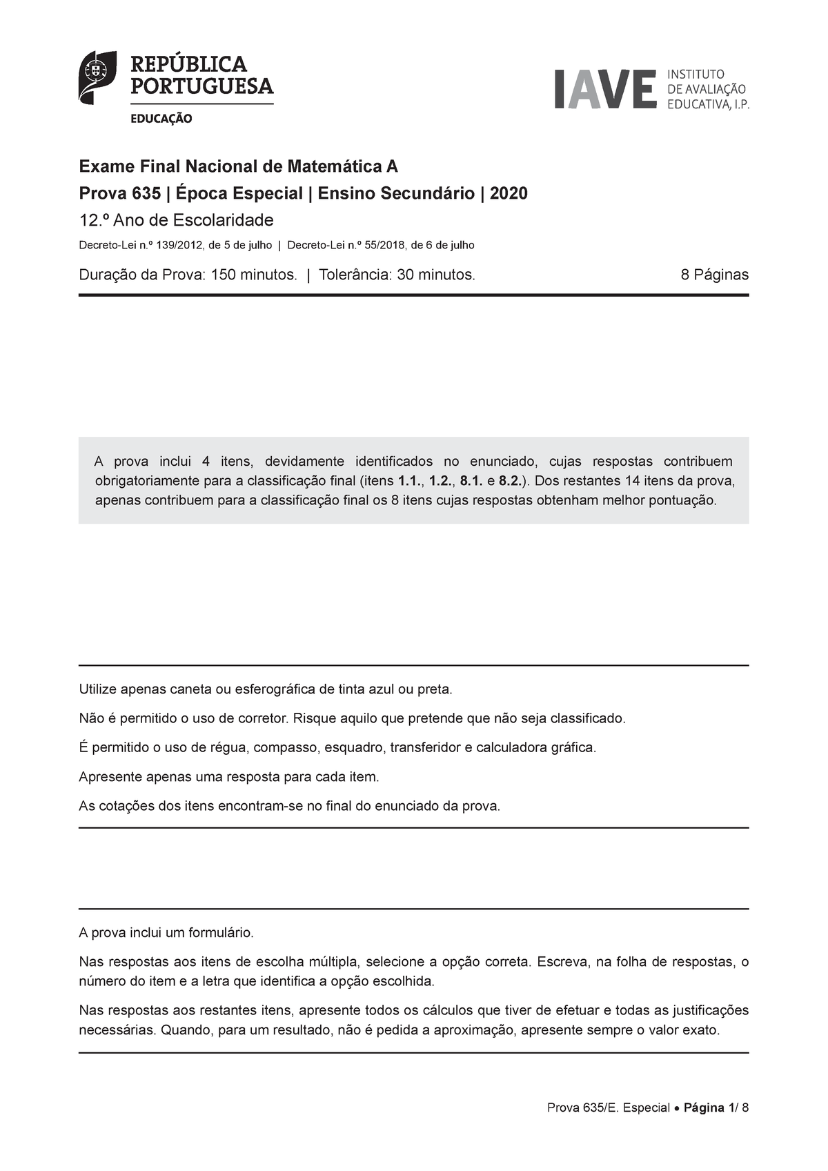 Exame Época Especial 2020 Exame Final Nacional De Matemática A Prova 635 Época Especial 3752