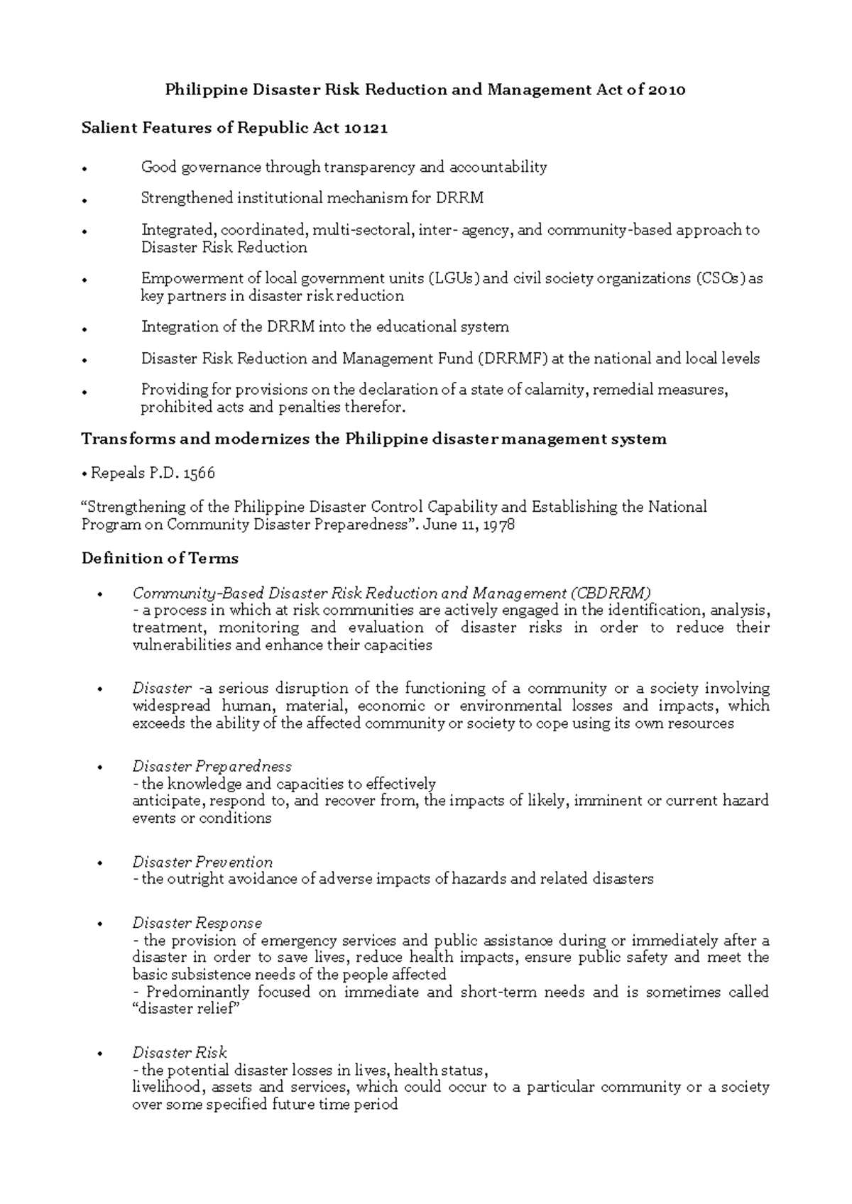 Notes Philippine Disaster Risk Reduction and Management Act of 2010 ...