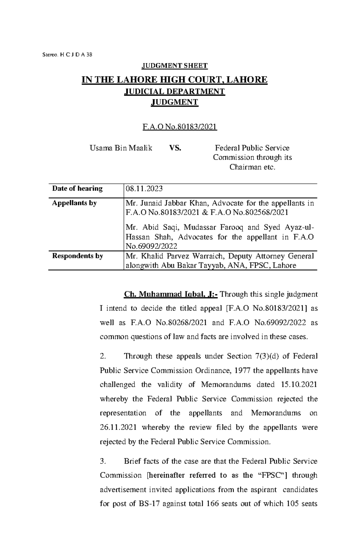 2023LHC5972 CSS case - nop - Stereo. H C J D A 38 JUDGMENT SHEET IN THE ...
