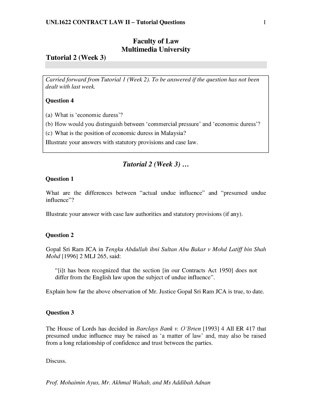 2022 Contract II - Tutorial 2 (Week 3) - UNL1622 CONTRACT LAW II ...