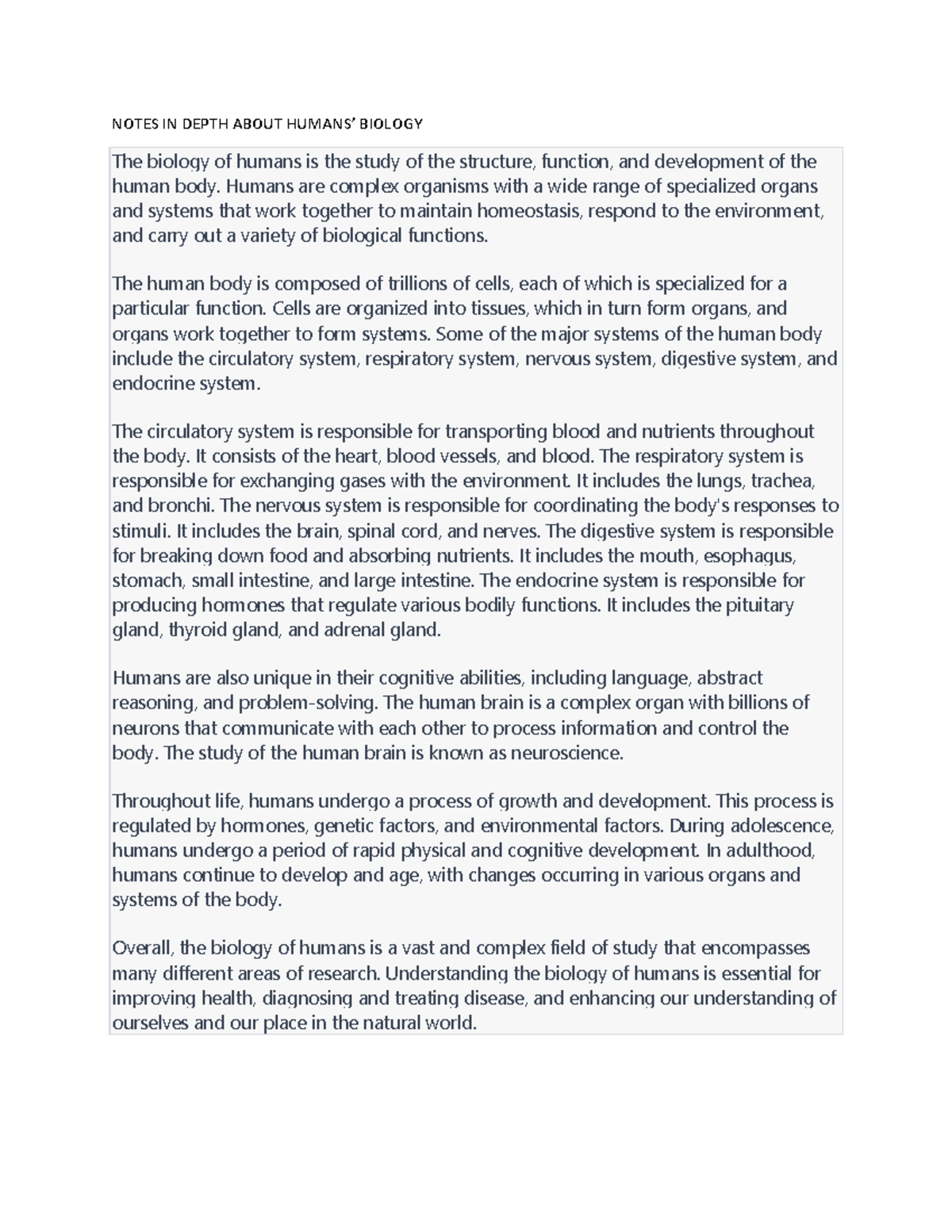 Notes on human biology - NOTES IN DEPTH ABOUT HUMANS’ BIOLOGY The ...