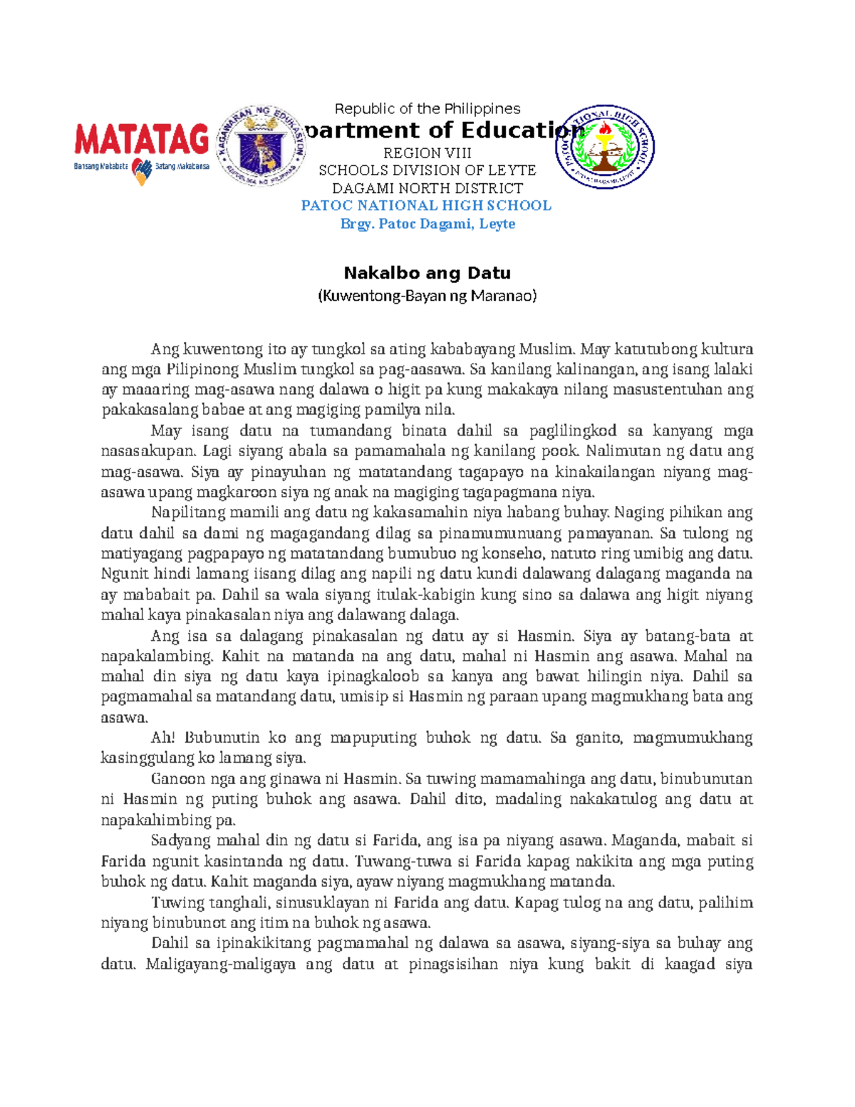 Nakalbo ang Datu - N/A - Republic of the Philippines Department of ...