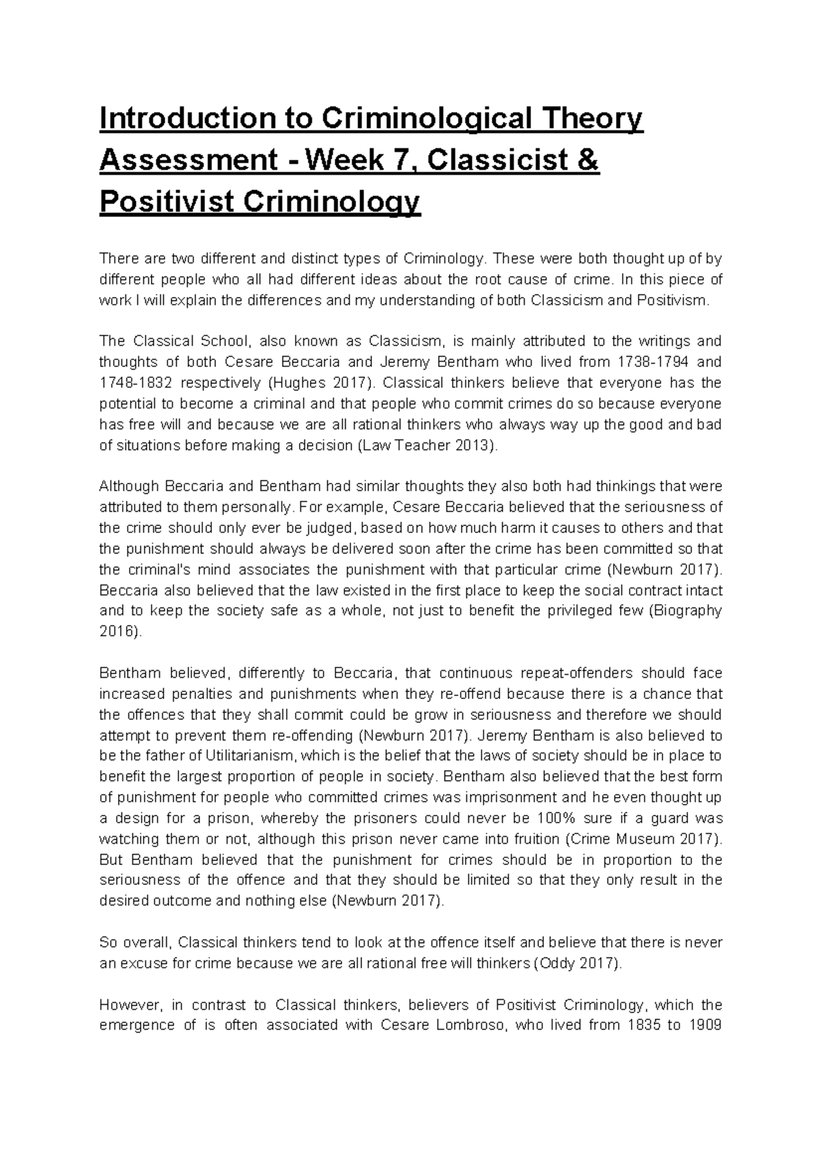 Criminological Theory Essay 1 Classicist Positivist Criminology 