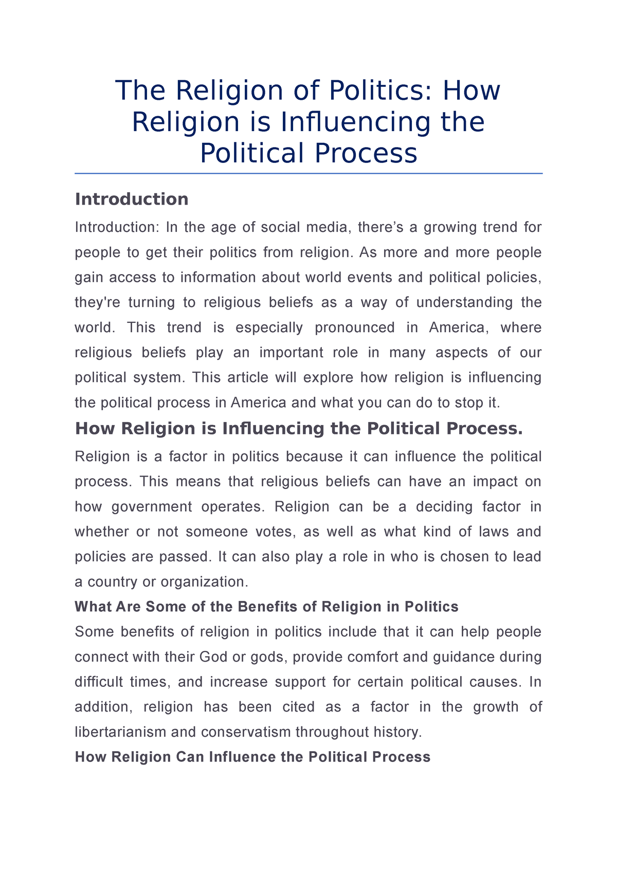 role of religion in politics essay