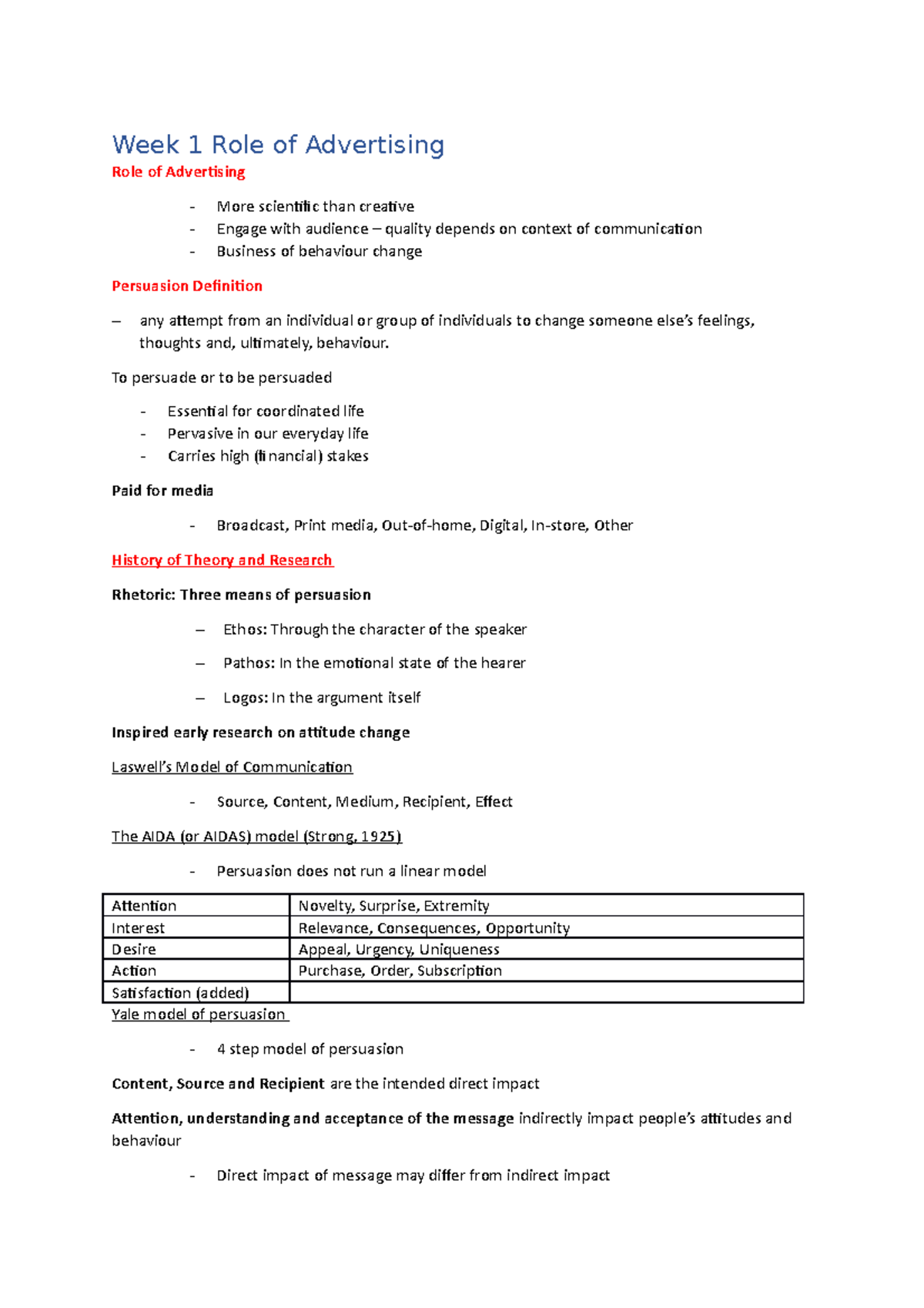 Advertising notes midsem - Week 1 Role of Advertising Role of ...