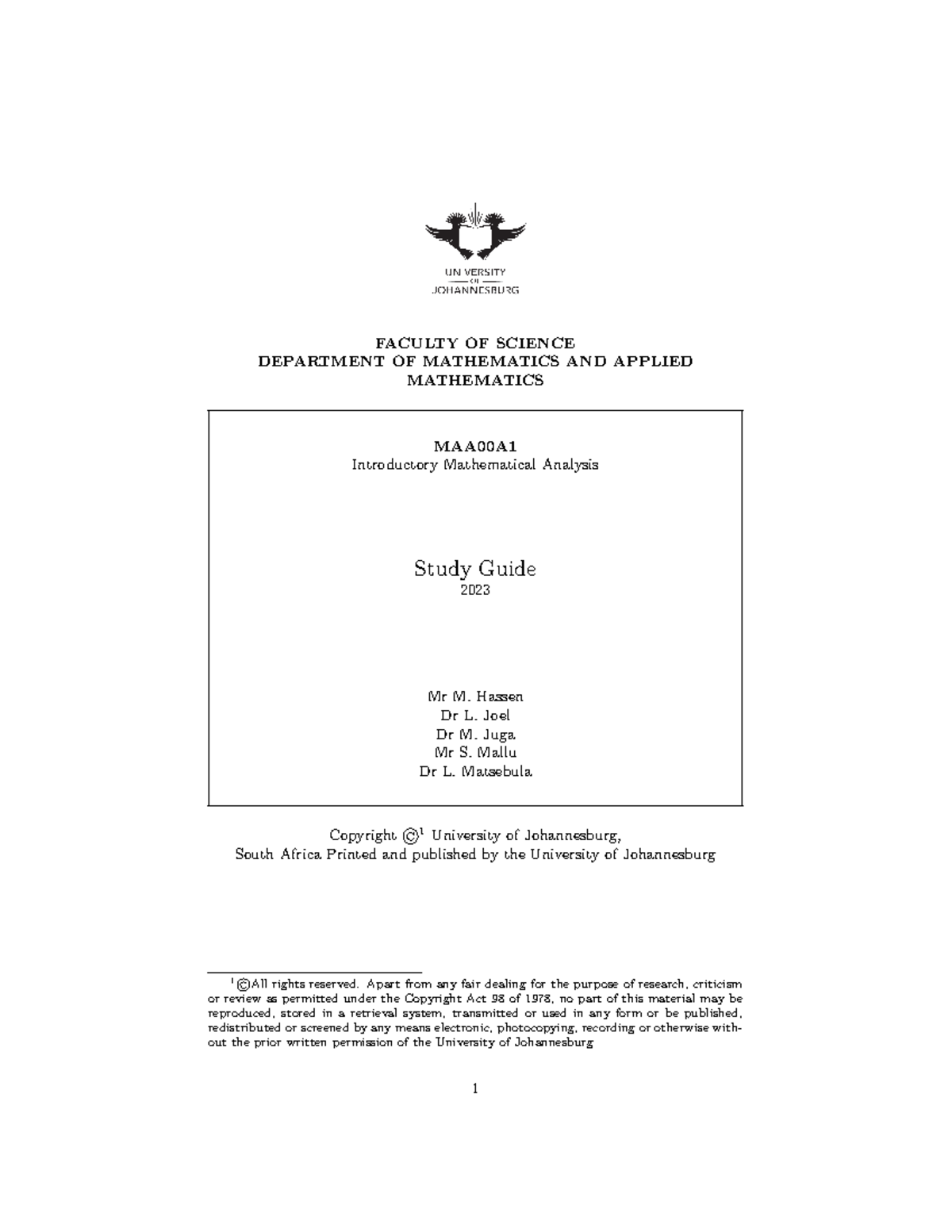 Study guide - FACULTY OF SCIENCE DEPARTMENT OF MATHEMATICS AND APPLIED ...