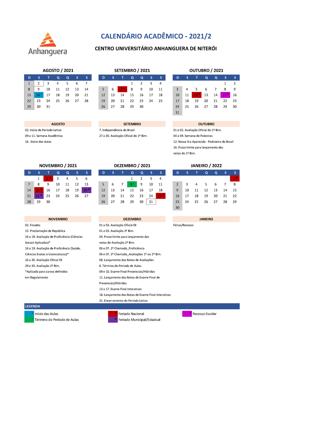 Calendários Calendario Academico Leste AEDU Niterói Exam Questions