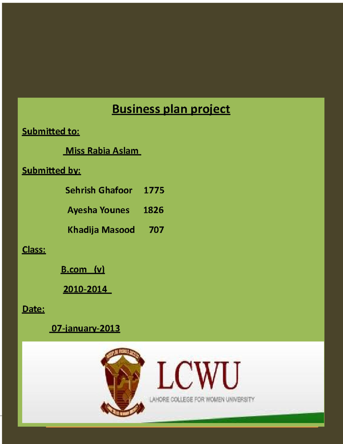 Business PLAN final - Business plan project Submitted to: Miss Rabia ...