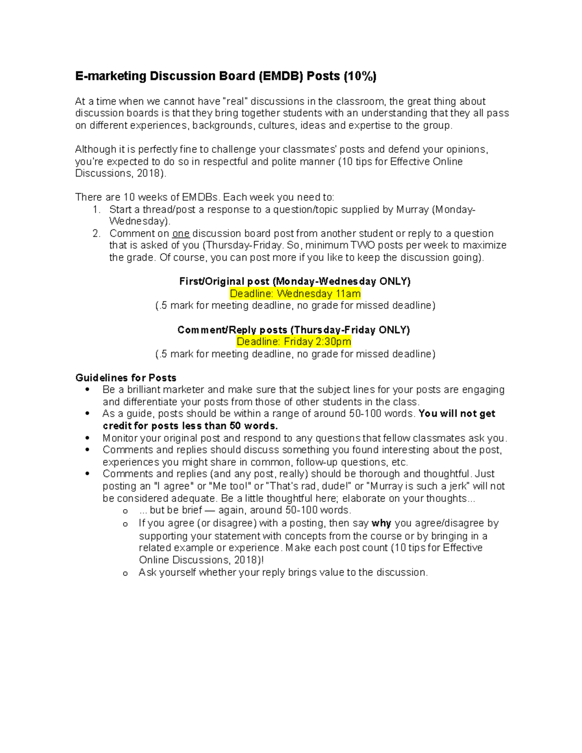 Discussion Board Guidelines Emarketing Discussion Board (EMDB) Posts