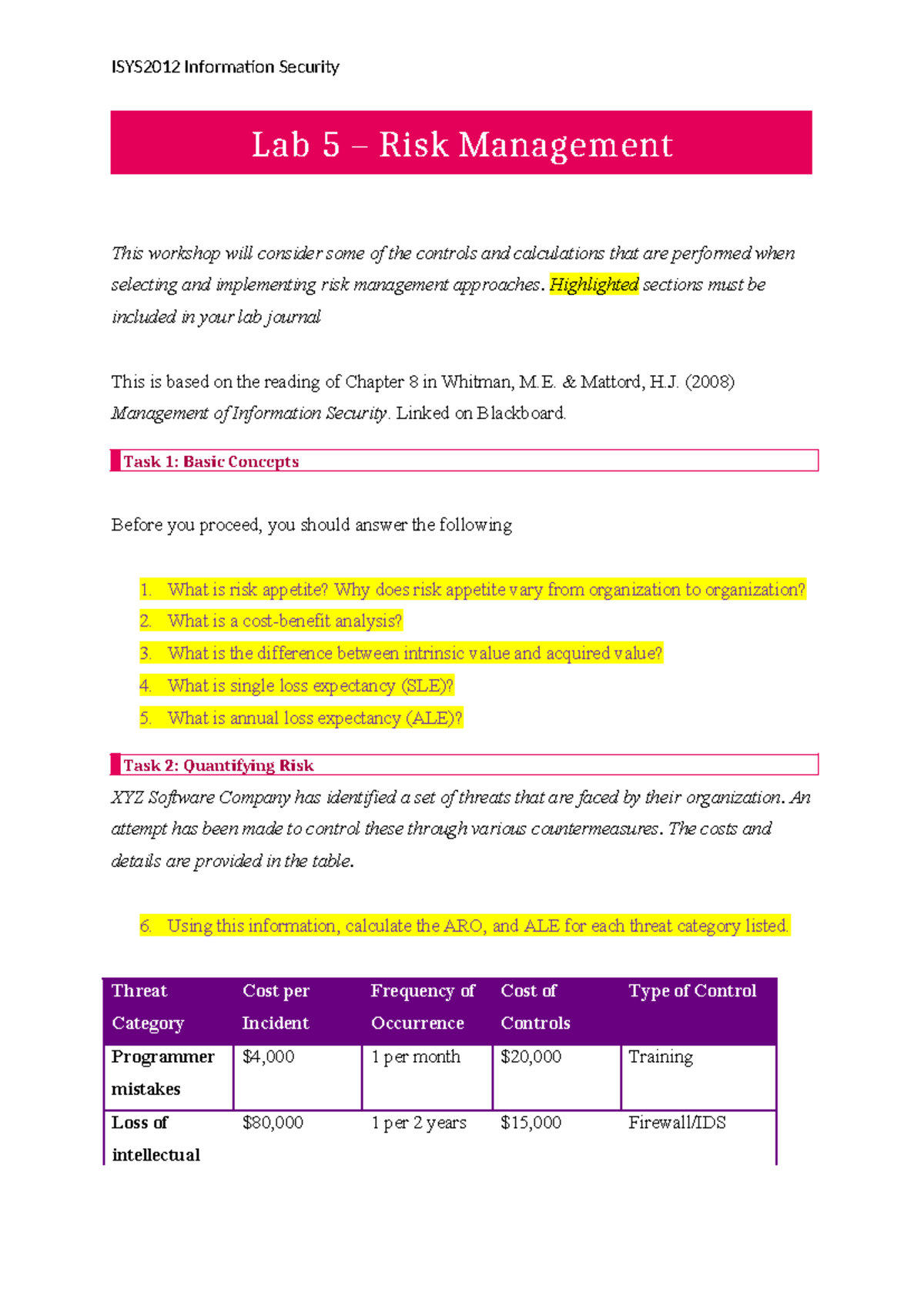 ISYS2012 Lab 5 Risk - This is the tutorial note in Lab 5. It talks ...