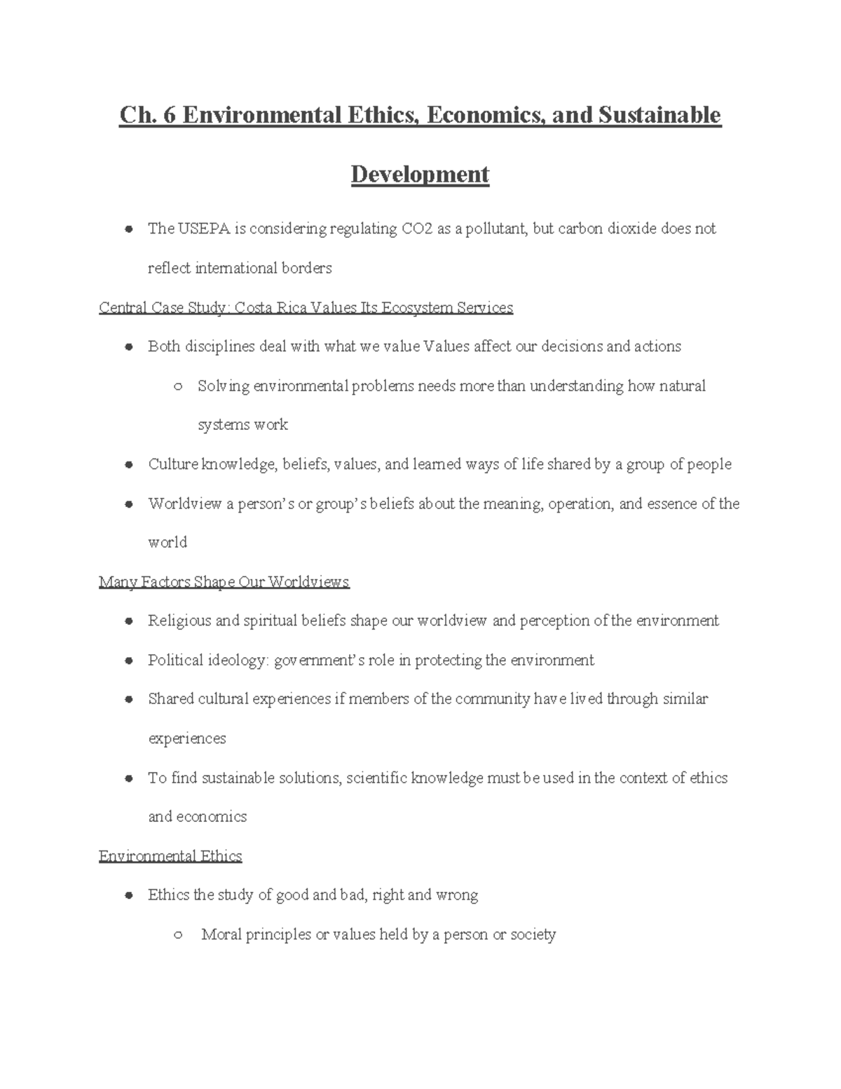 Environmental Science Ch. 6 Lecture Notes - Ch. 6 Environmental Ethics ...