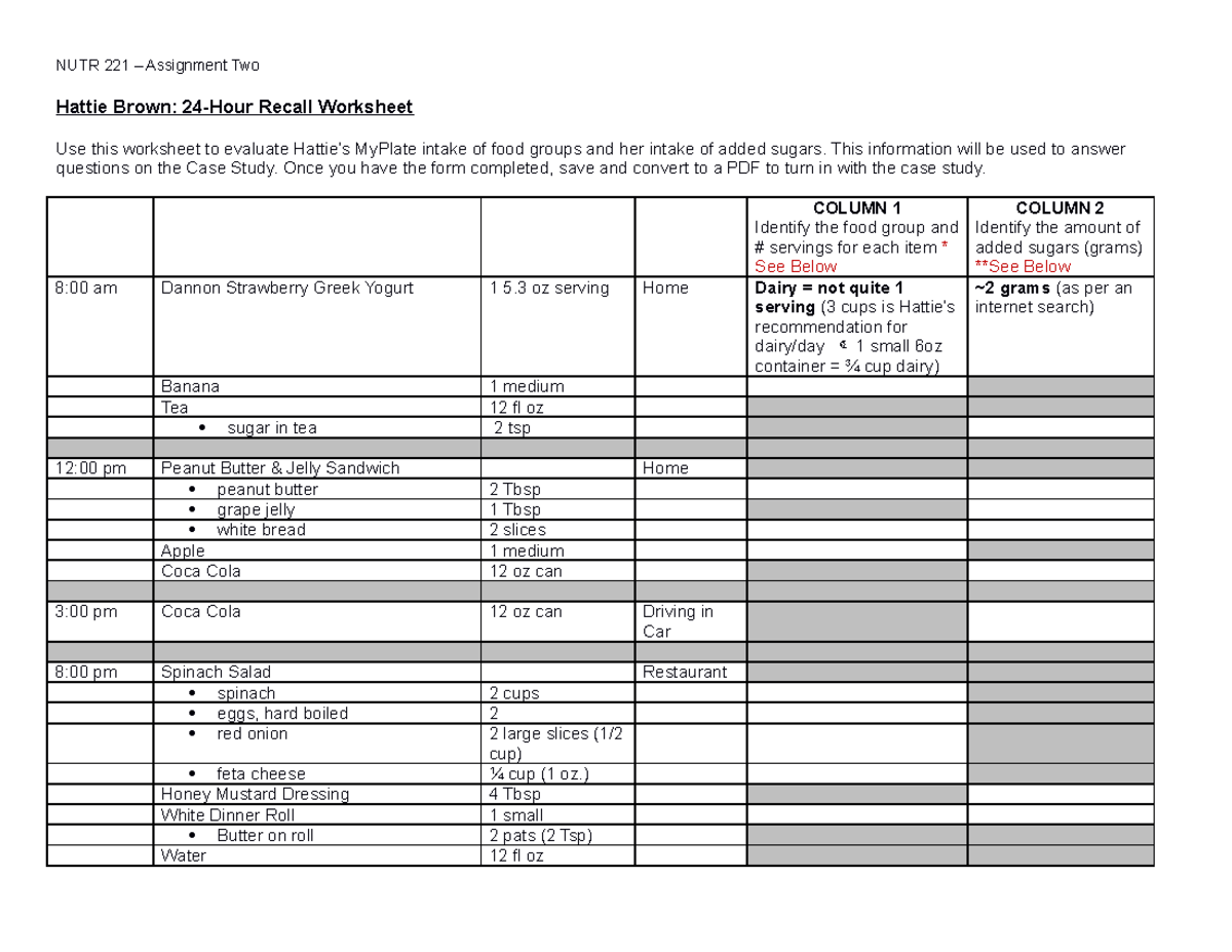 Hattie Brown 24-hour Recall Worksheet - NUTR 221 – Assignment Two ...