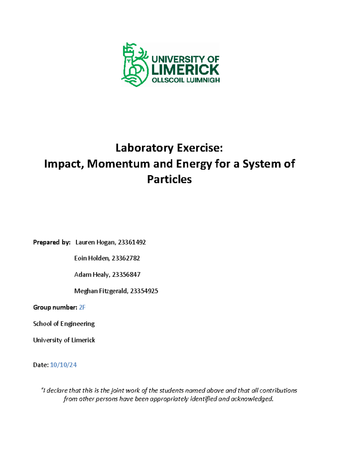 ME4112-IM-report-template - Laboratory Exercise: Impact, Momentum and ...