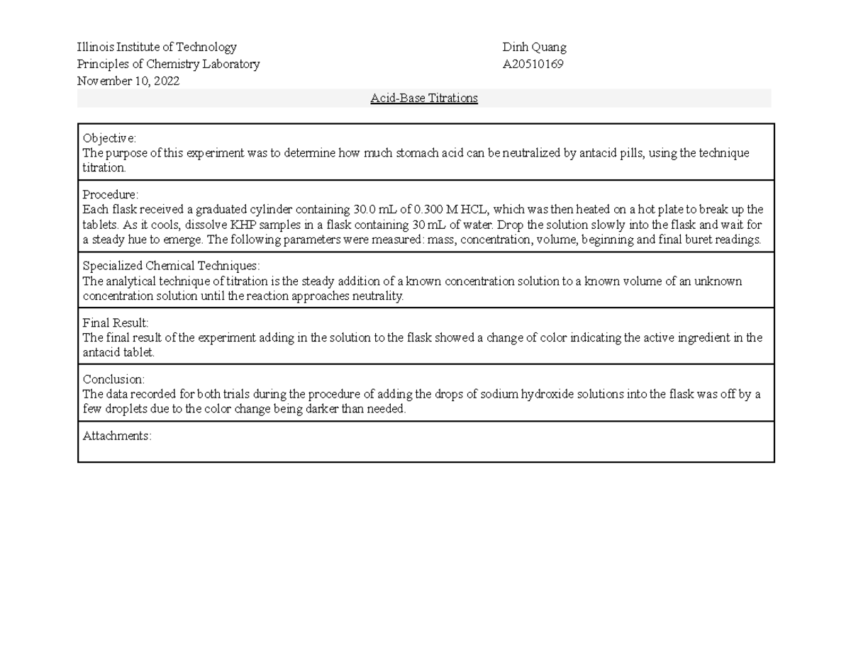 IIT Experiment 4 Lab Report AcidBase Titrations Illinois Institute of Technology Dinh Quang