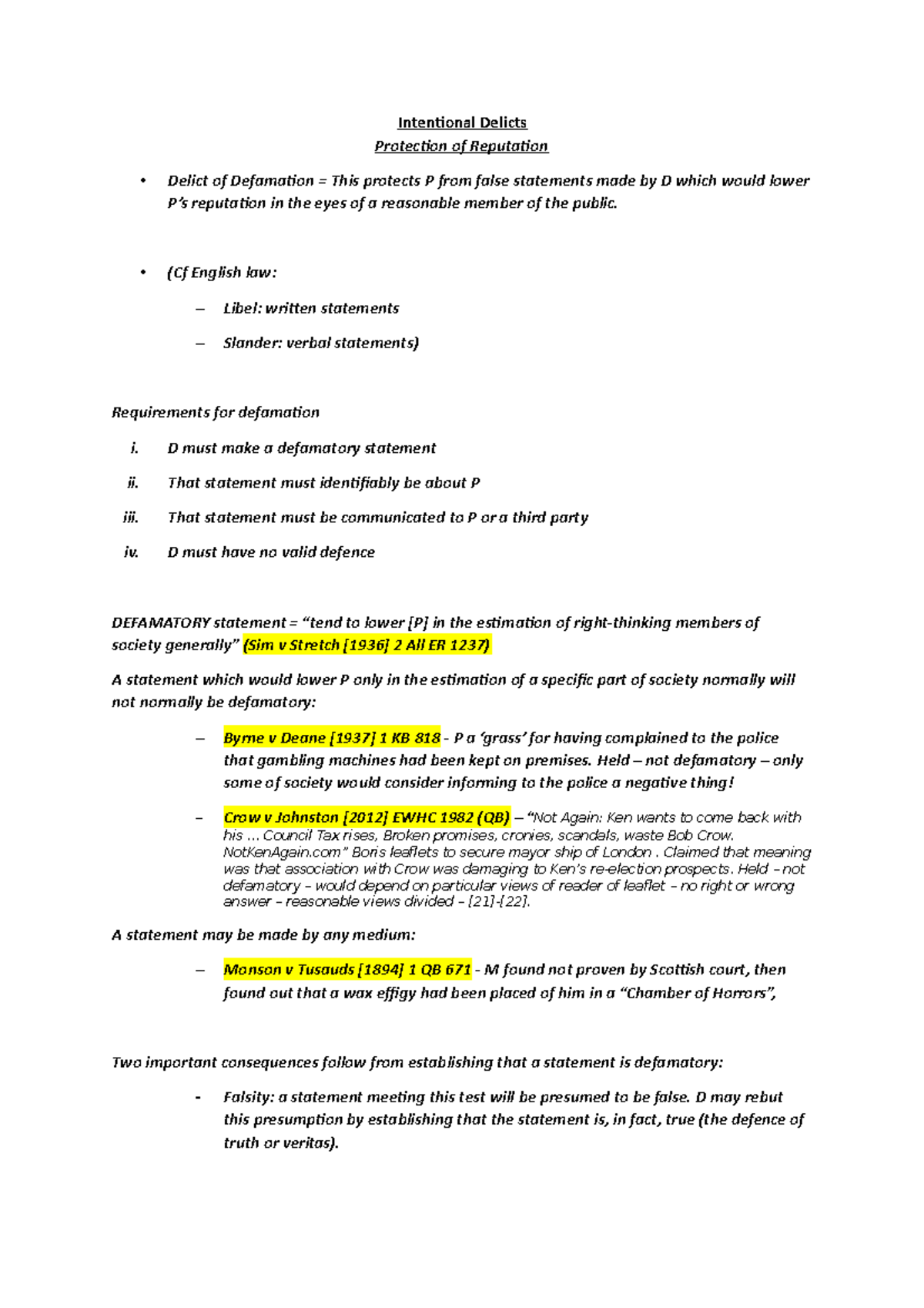 Lecture 4 Defamation - Intentional Delicts Protection of Reputation ...
