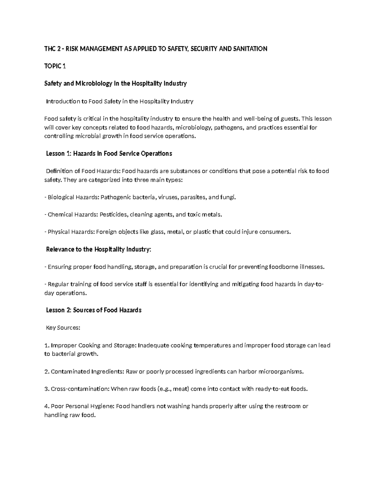 Rm - NOTES - THC 2 - RISK MANAGEMENT AS APPLIED TO SAFETY, SECURITY AND ...