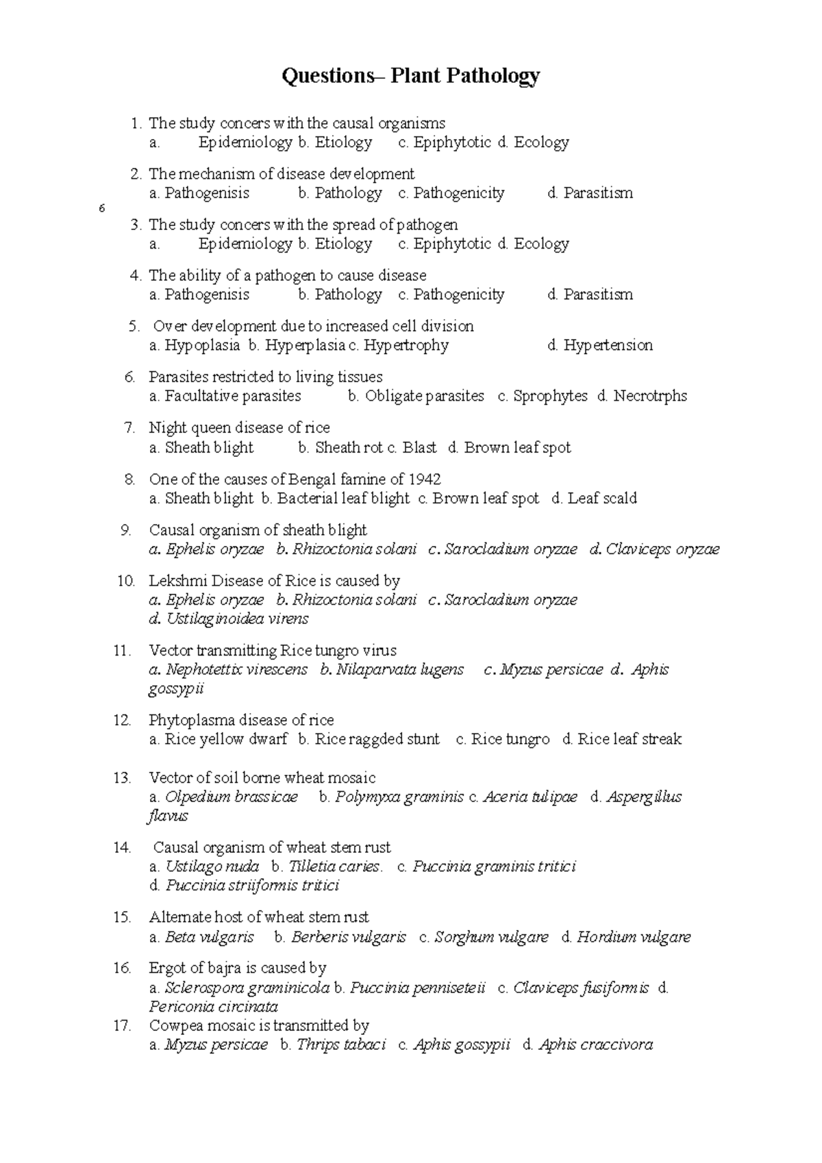 Plant Pathology Question and Answers Questions Plant Pathology The