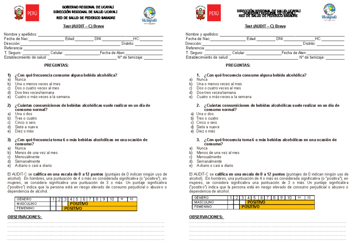 Audit Breve Alcohol Test (AUDIT C) Breve Nombre y apellidos Studocu