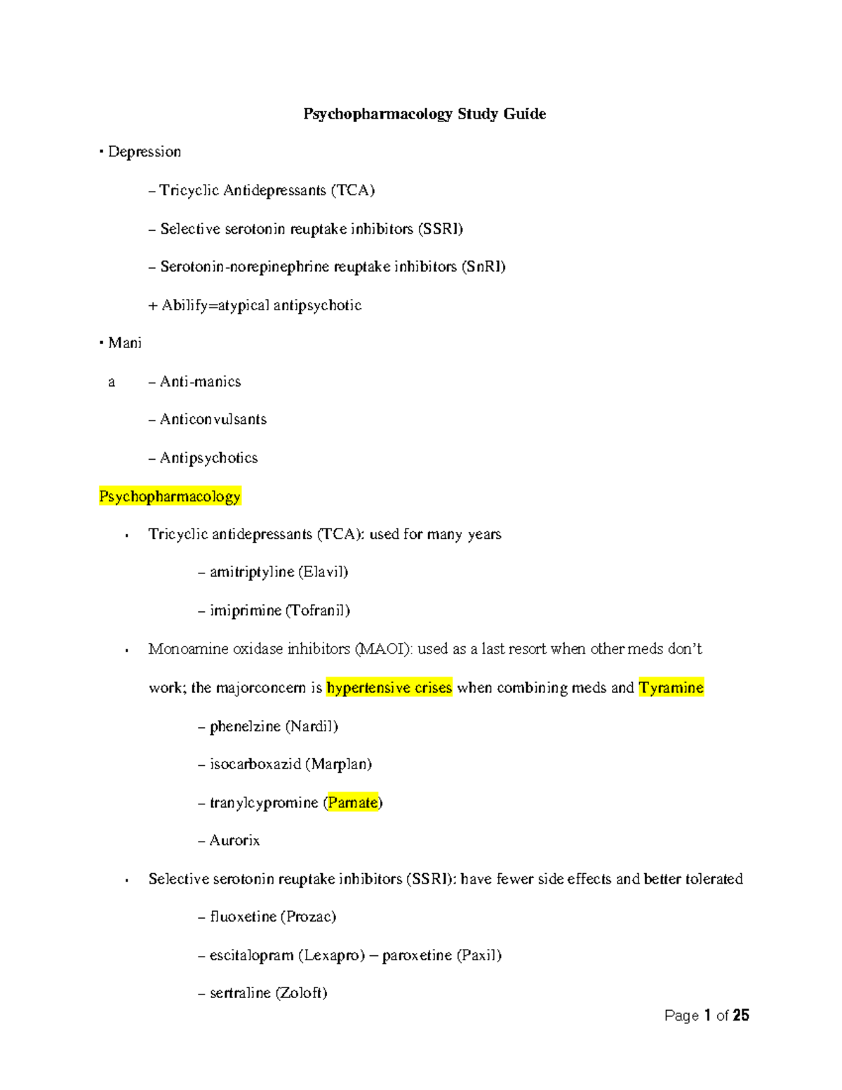 Psychopharmacology Study Guide - Psychopharmacology Study Guide ...