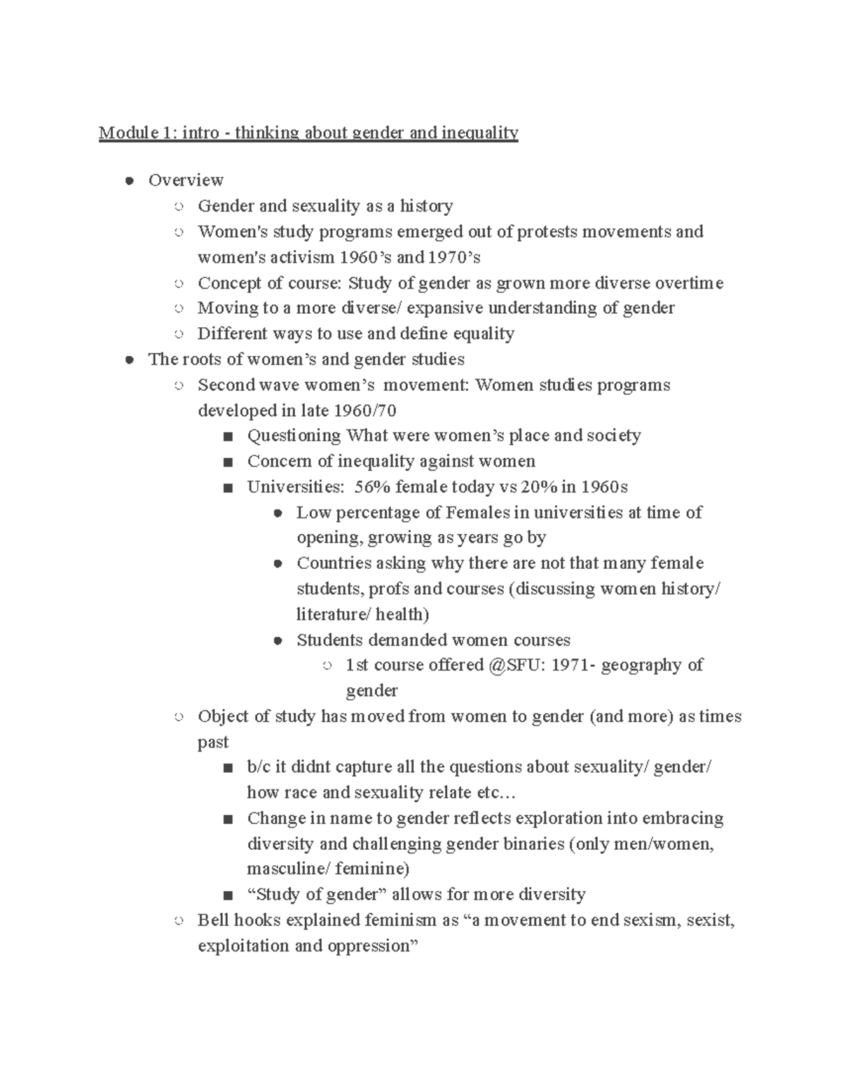 GSWS 101 - Lecture notes - Module 1: intro - thinking about gender and ...