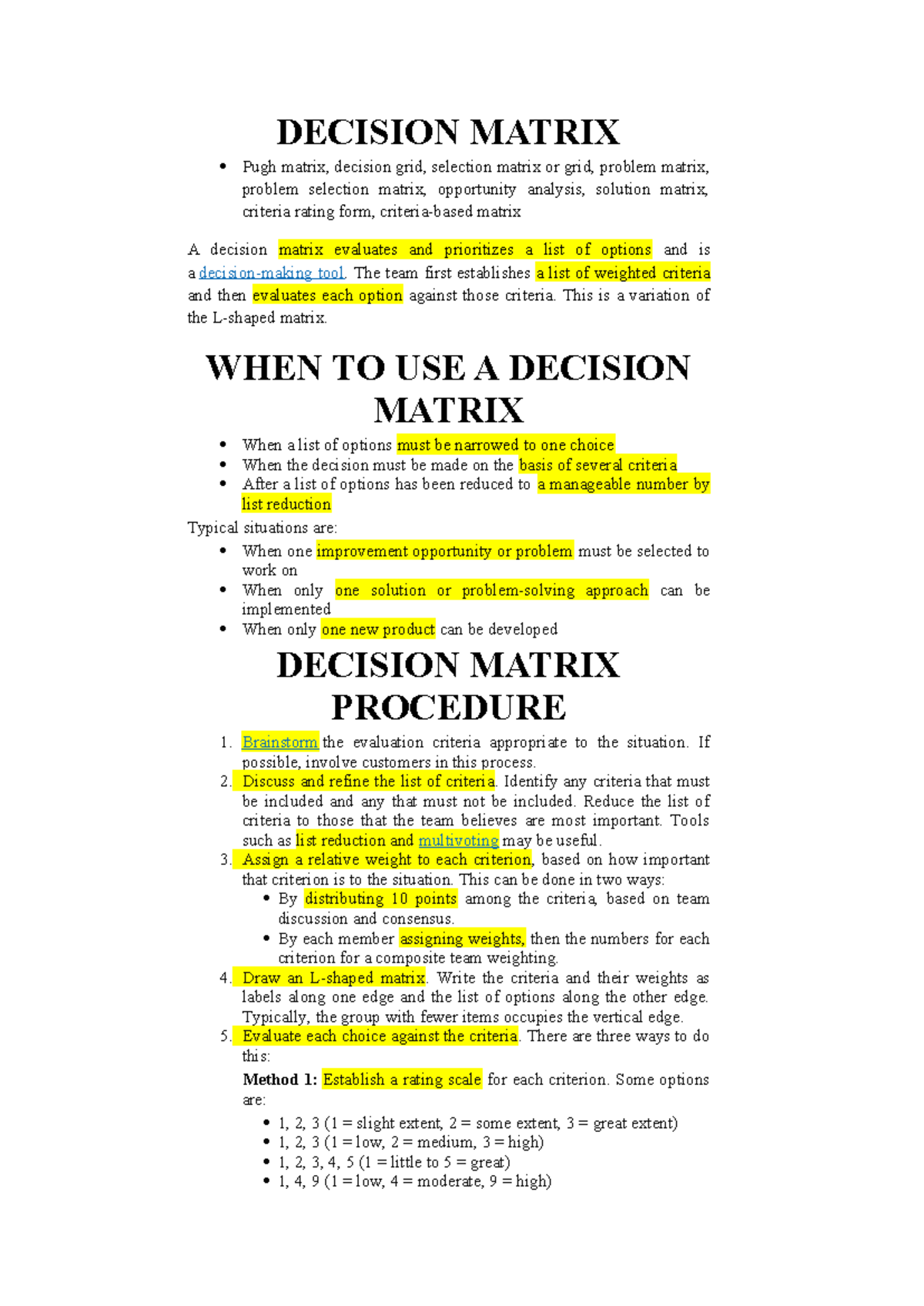 Decision Matrix, Five S, Multivoting - DECISION MATRIX Pugh matrix ...