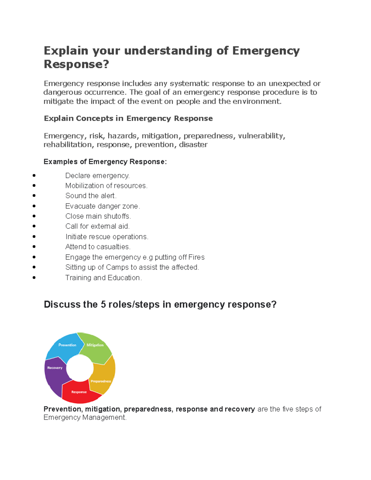 Emergency Response Read notes Explain your understanding of