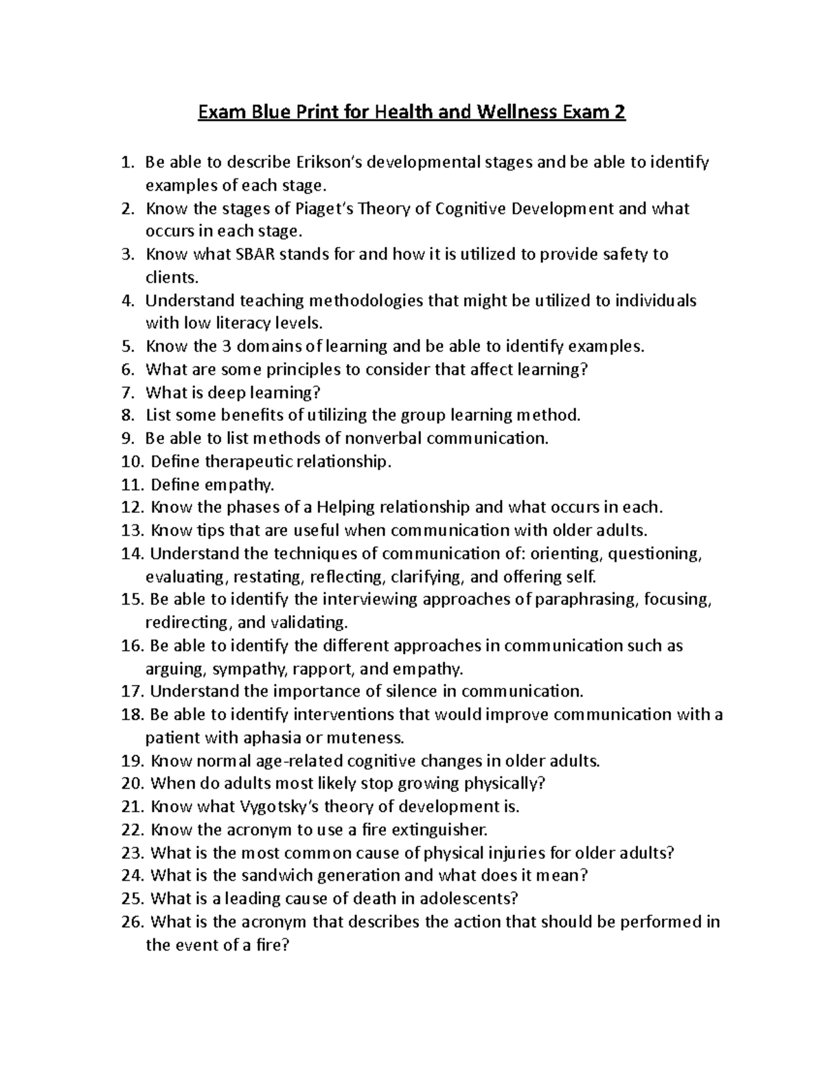 Exam Blue Print for Health and Wellness Exam 22 Know the stages of