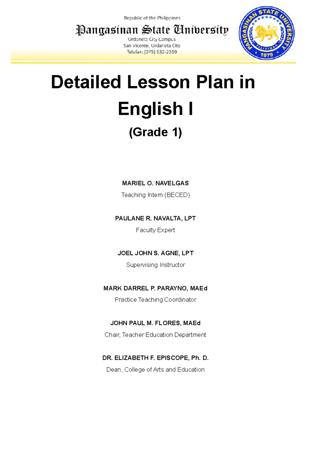 Lesson Plan 1 English 1 - Detailed Lesson Plan in English I (Grade 1 ...