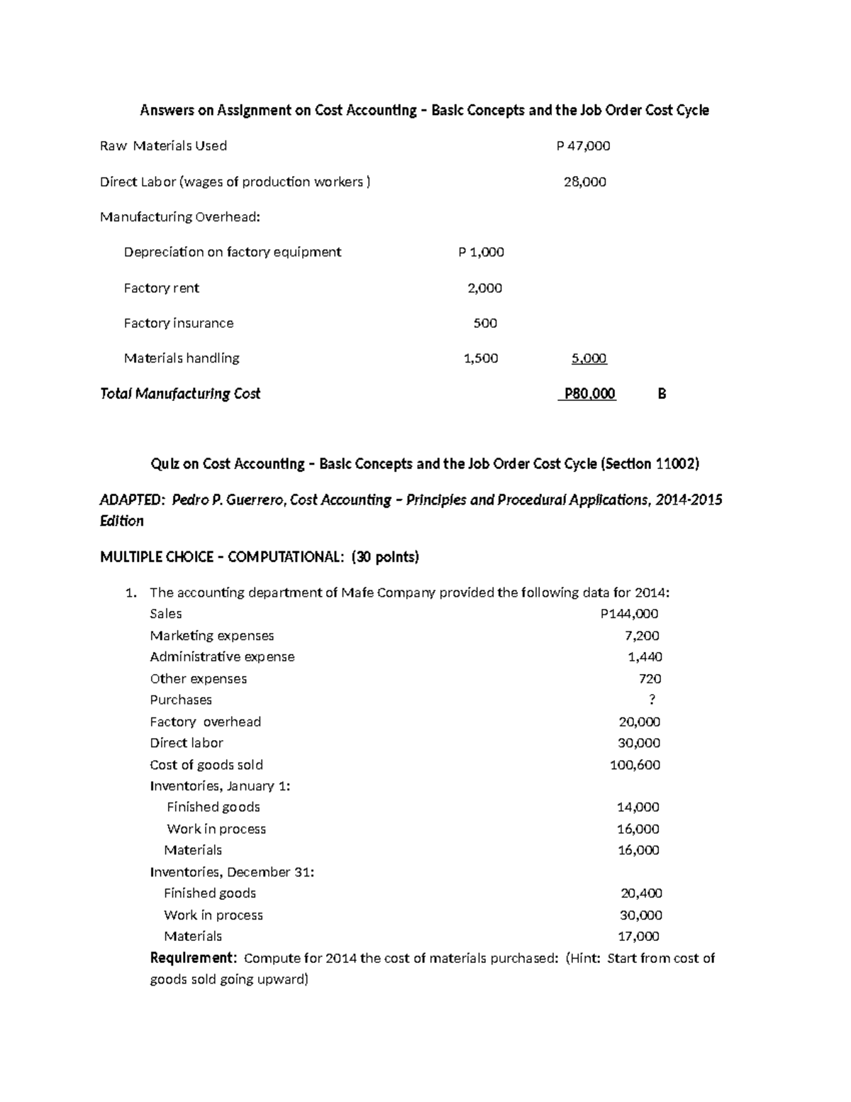 Compilation ng mga quiz sa cost accounting Answers on Assignment on