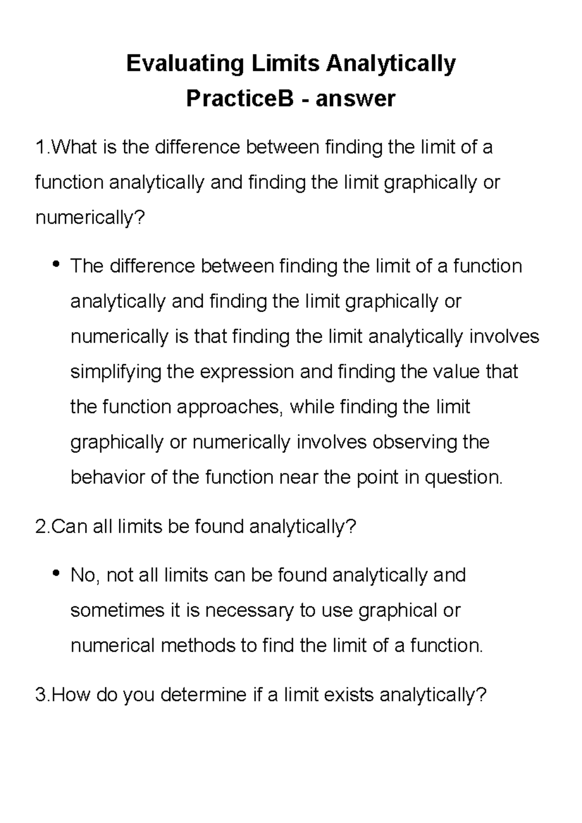 Evaluating Limits Analytically Practice B - Answer - Evaluating Limits ...