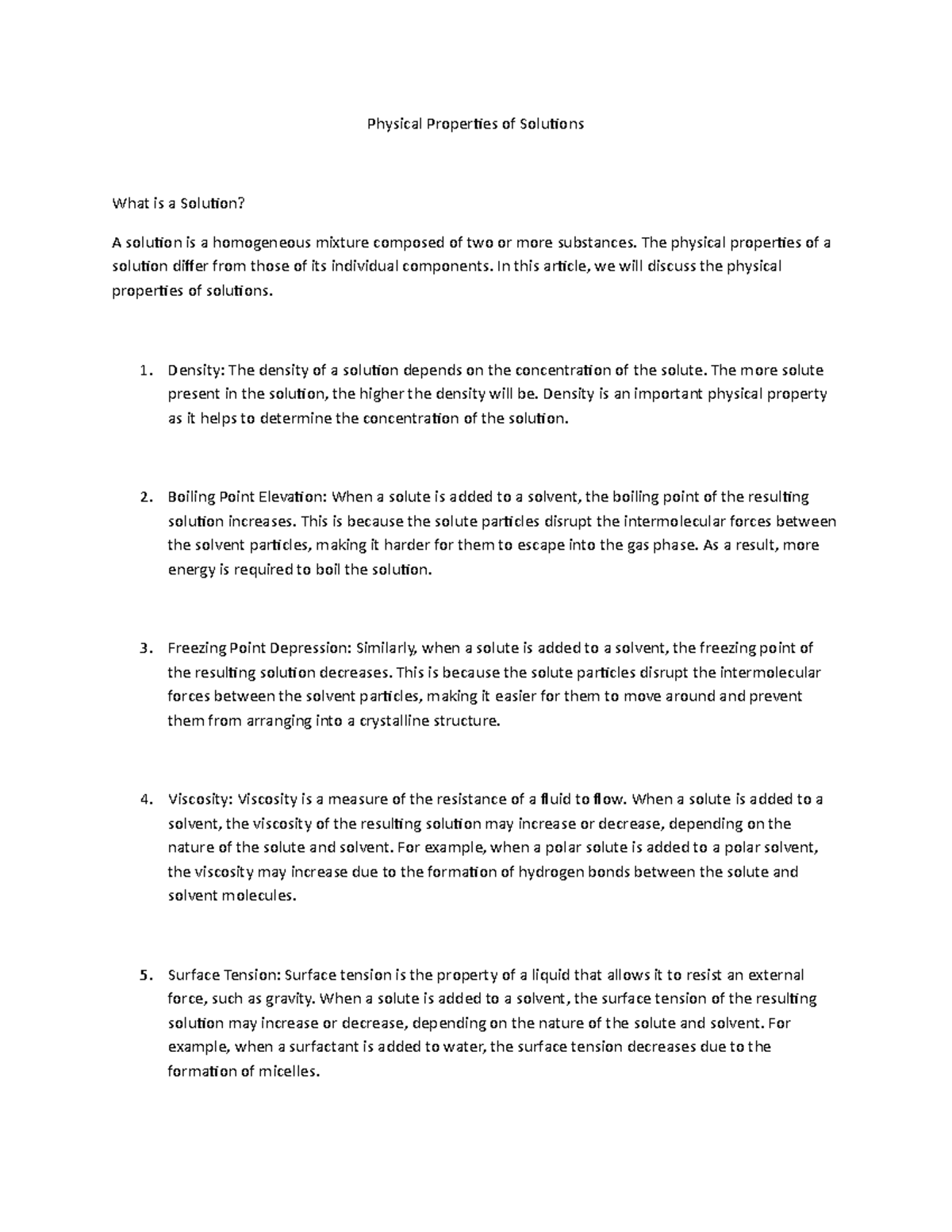 Physical Properties of Solutions - The physical properties of a ...