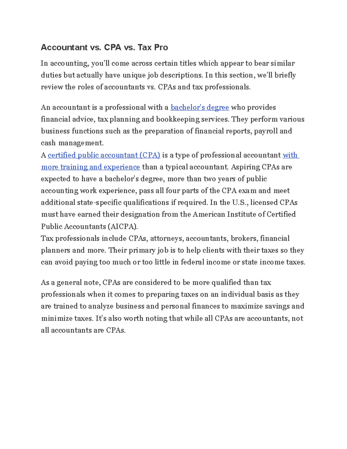 Accountant vs Tax Pro notes Accountant vs. CPA vs. Tax Pro In