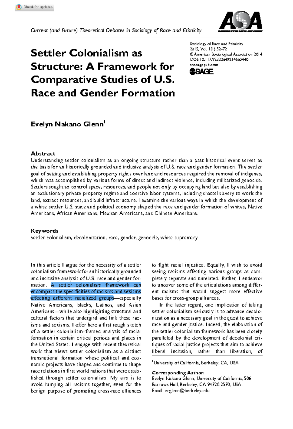 Glenn (2015 ) Settler Colonialism As Structure - Sociology Of Race And ...