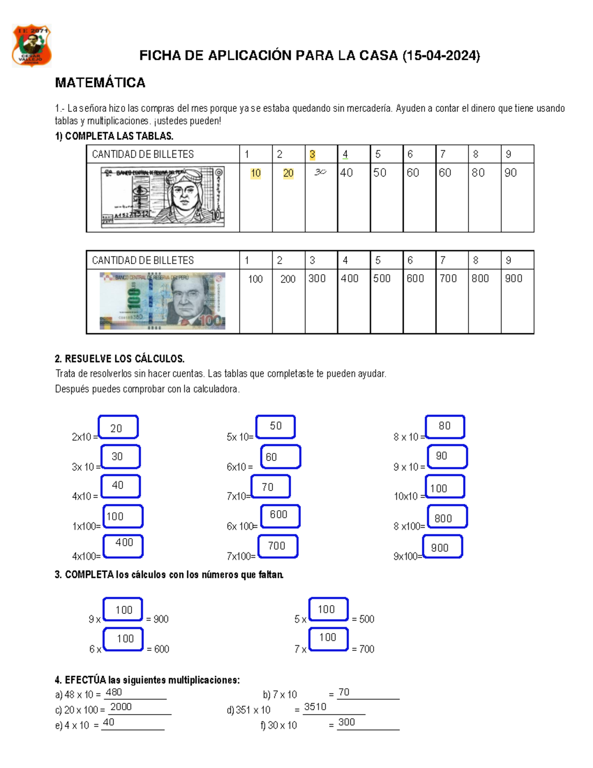 Ficha DE Aplicación PARA LA CASA - FICHA DE APLICACIÓN PARA LA CASA (15 ...