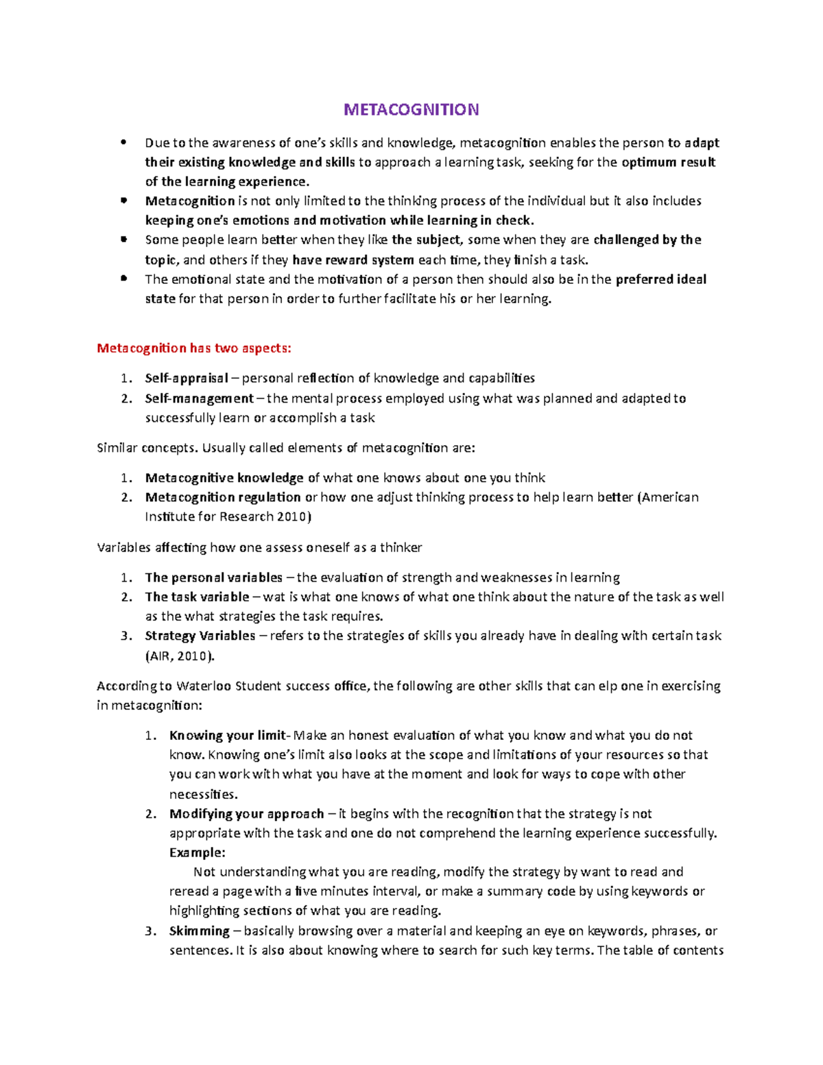 UTS Metacognition - METACOGNITION Due to the awareness of one’s skills ...