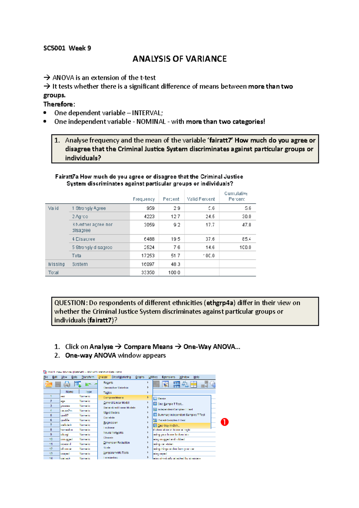 Week9 SPSS Anova 2021(1) - SC5001 Week 9 ANALYSIS OF VARIANCE ANOVA is ...