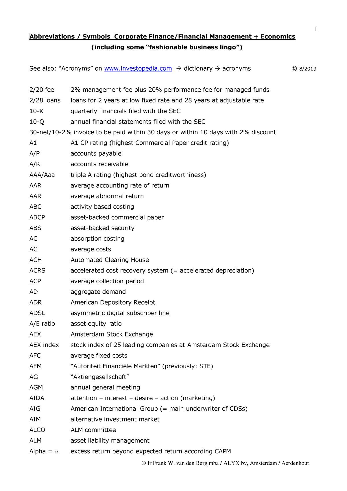 Abbreviations Abbreviations Corporate Finance Financiering Risico - 