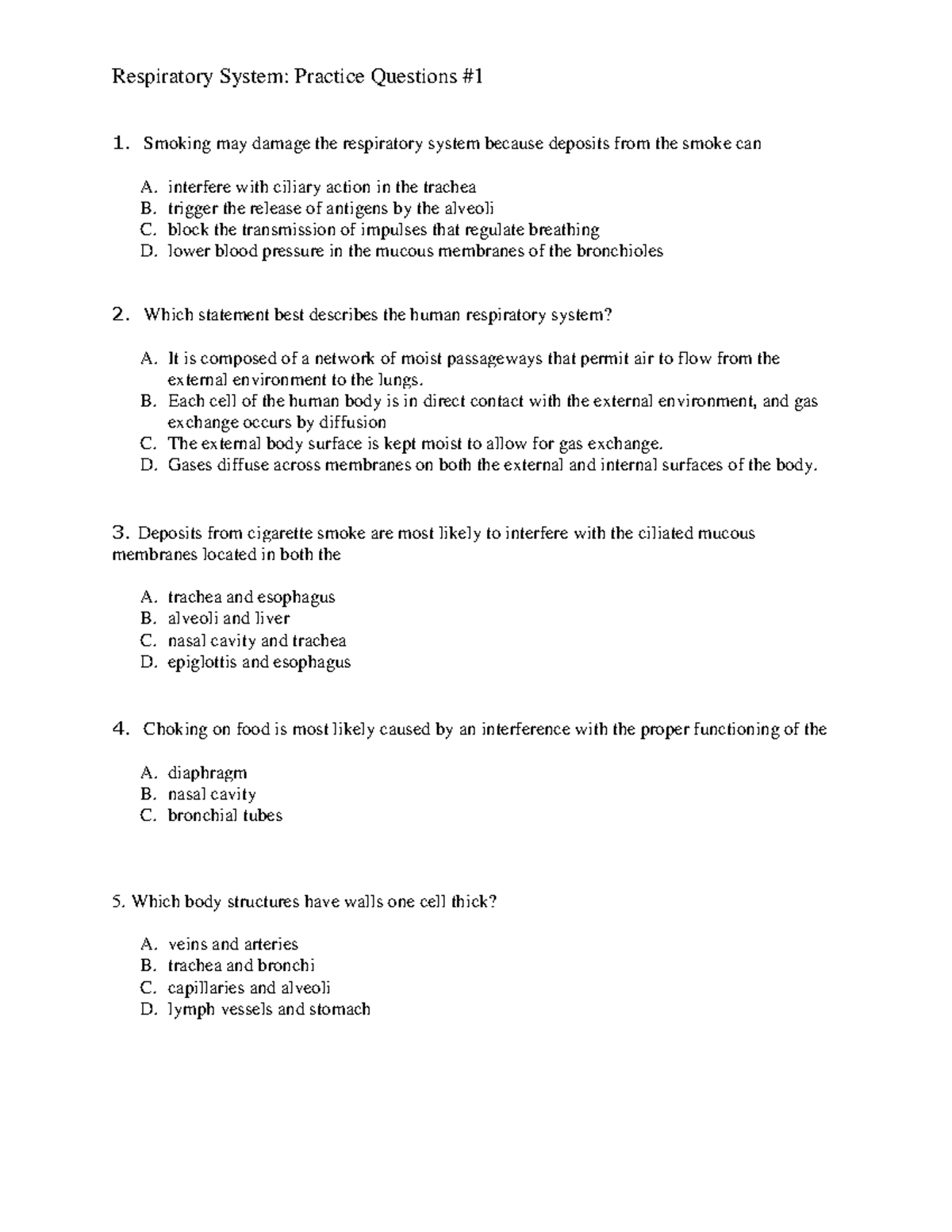 Practice Questions 1 Respiratory - Respiratory System: Practice ...