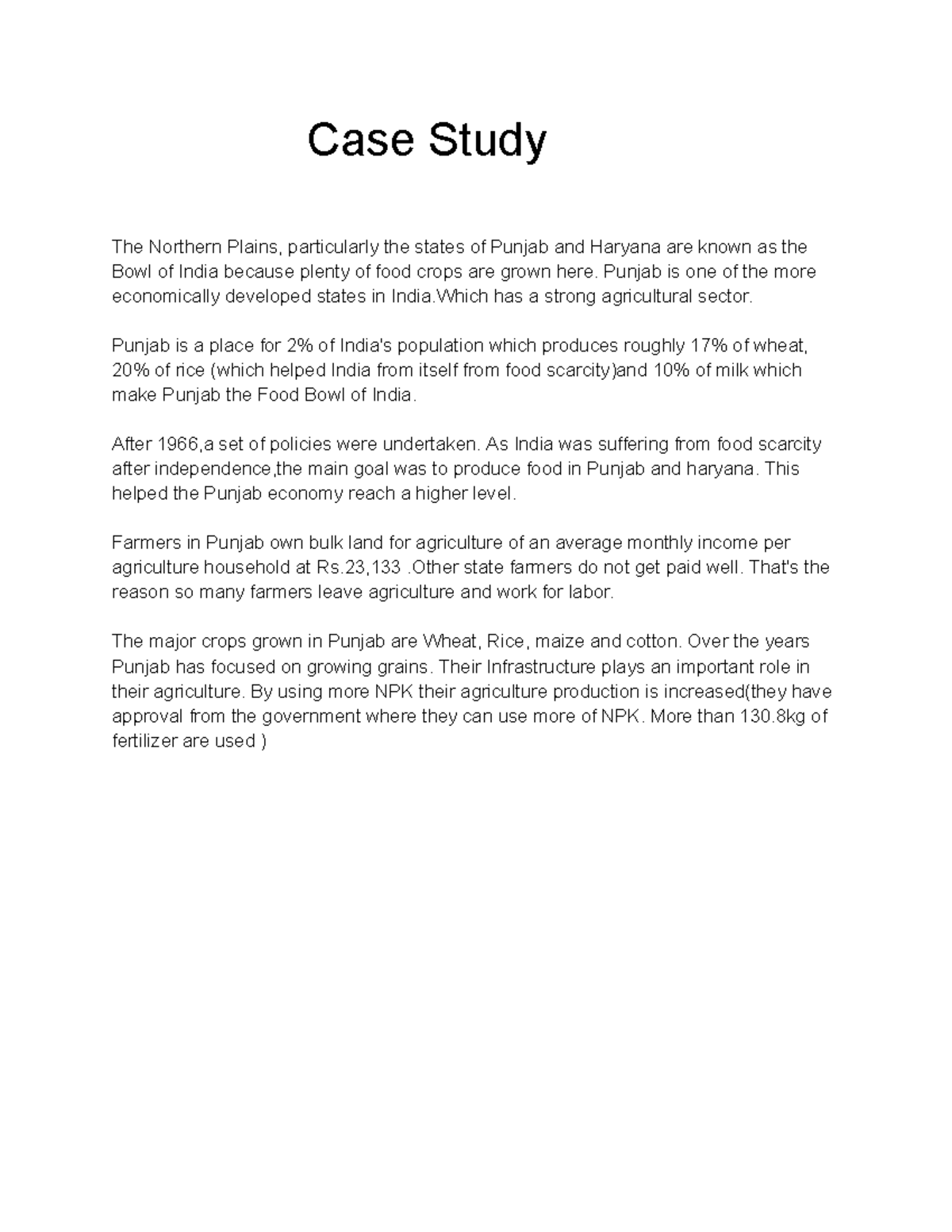 How did Punjab India's Food Bowl Case Study The Northern