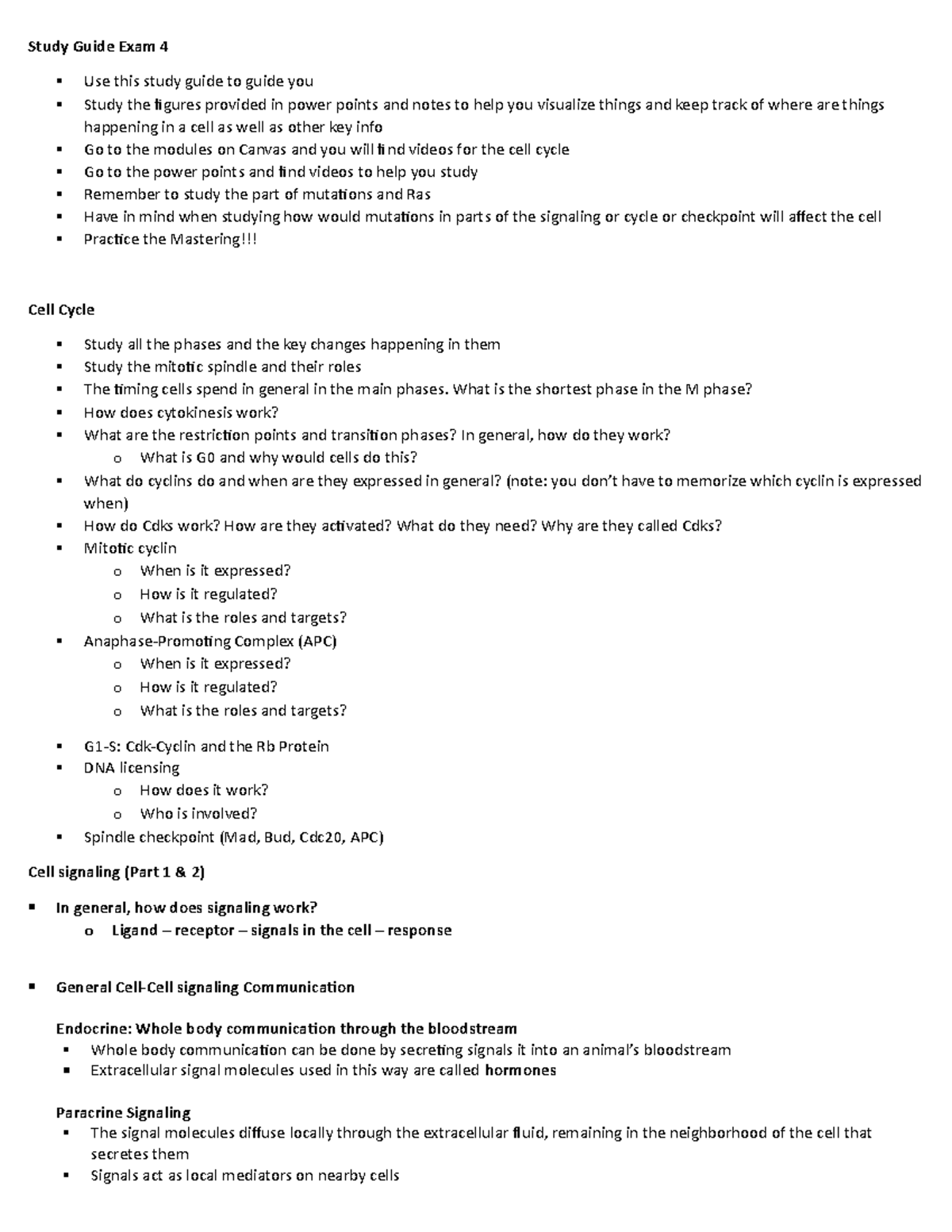 Exam+4 Study+Guide - Dr. Yai cell biology course - exam 4 study guide ...