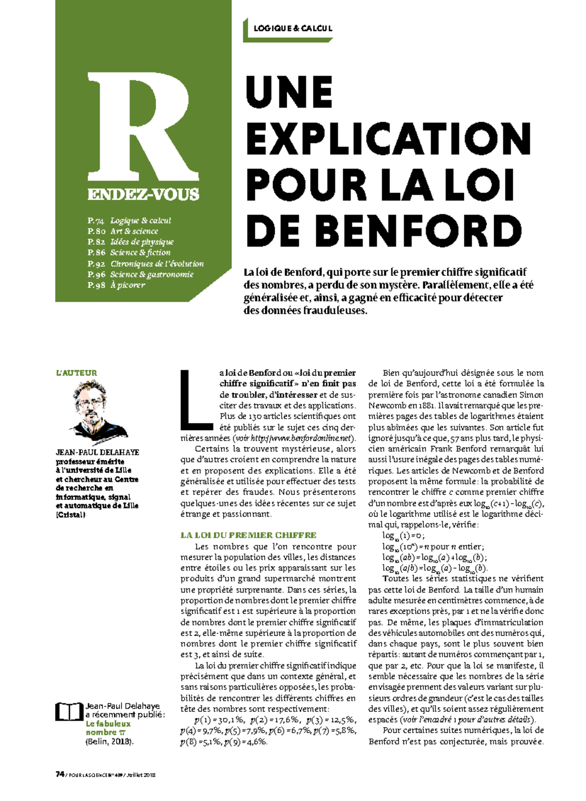 Explication de la loi de Benford UNE EXPLICATION POUR LA LOI DE BENFORD La loi de