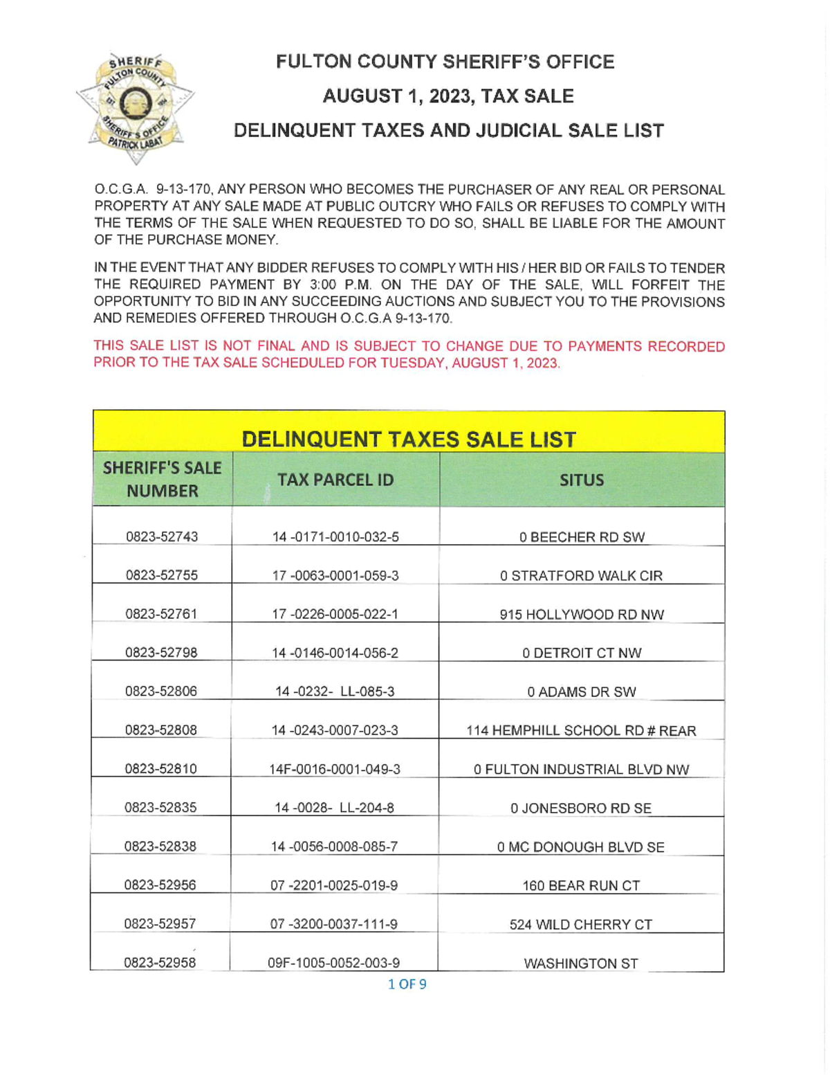 2nd posting 7282023 Sheriffs August 1 2023 Tax Sale REAL 4000