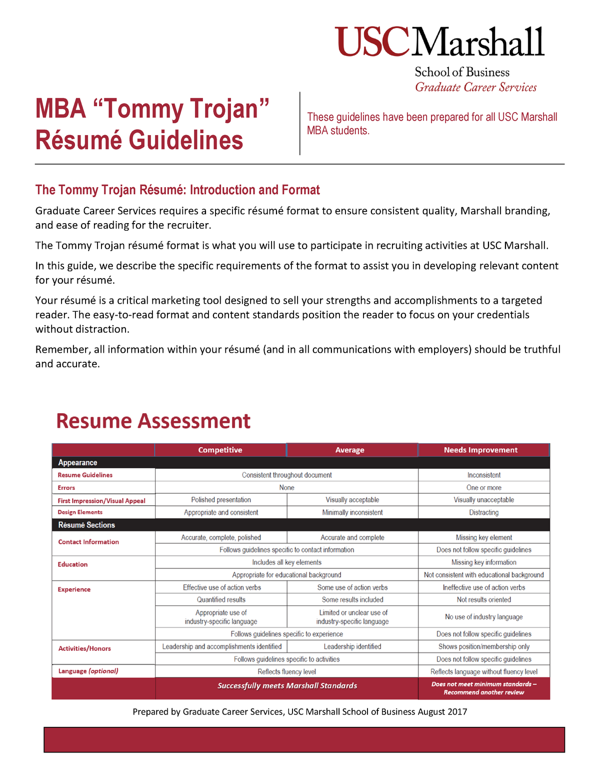 Tommy Trojan Resume Guidelines Prepared by Graduate Career Services, USC Marshall School of