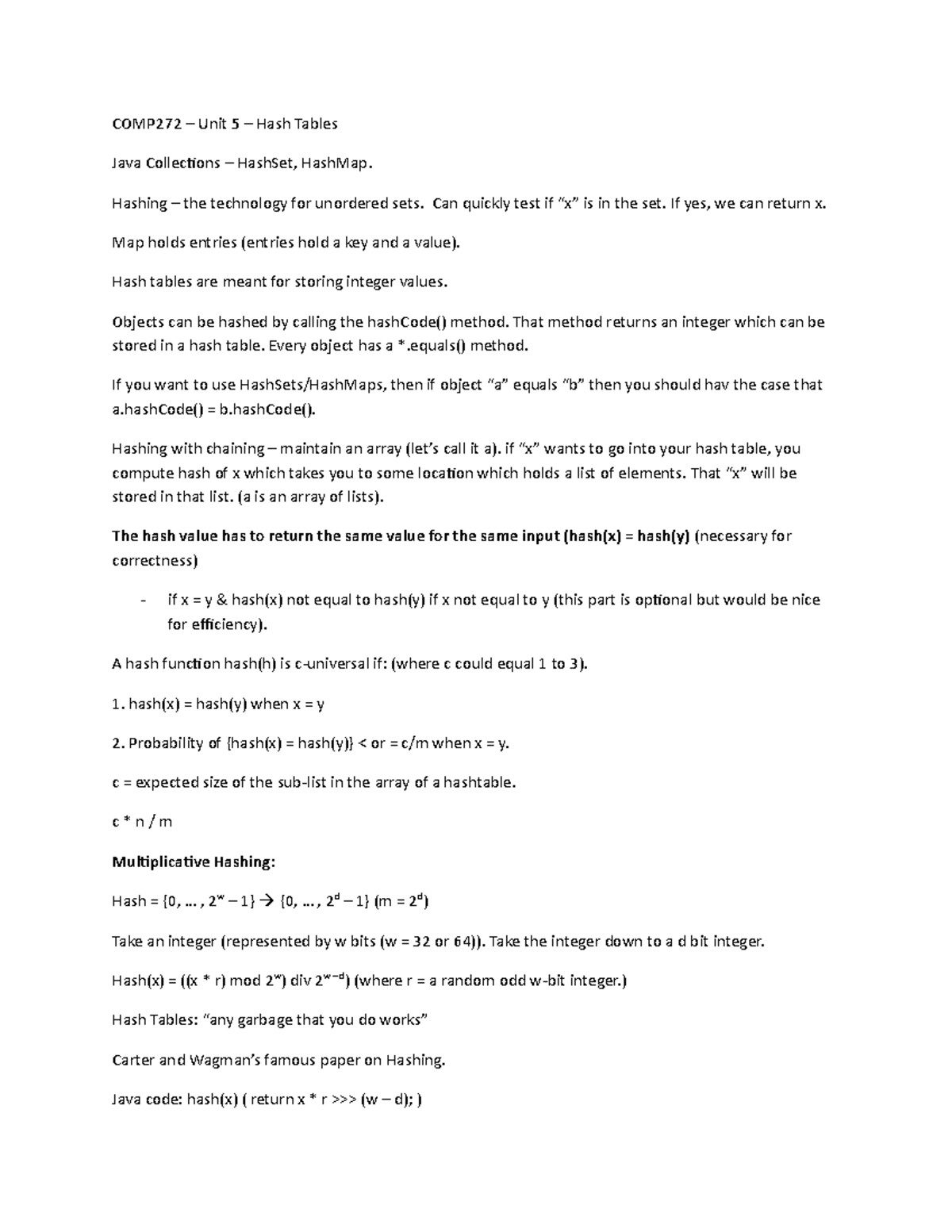 Unit 5 Lecture 5 Comp 272 Au Comp272 Unit Hash Tables Java Collections Hashset Hashmap Hashing The Technology For Unordered Sets Can Quickly Test If Is In Studocu